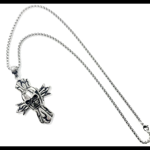 Stainless Steel BIKER PUNK SKULL CROSS NECKLACE - Picture 3 of 8
